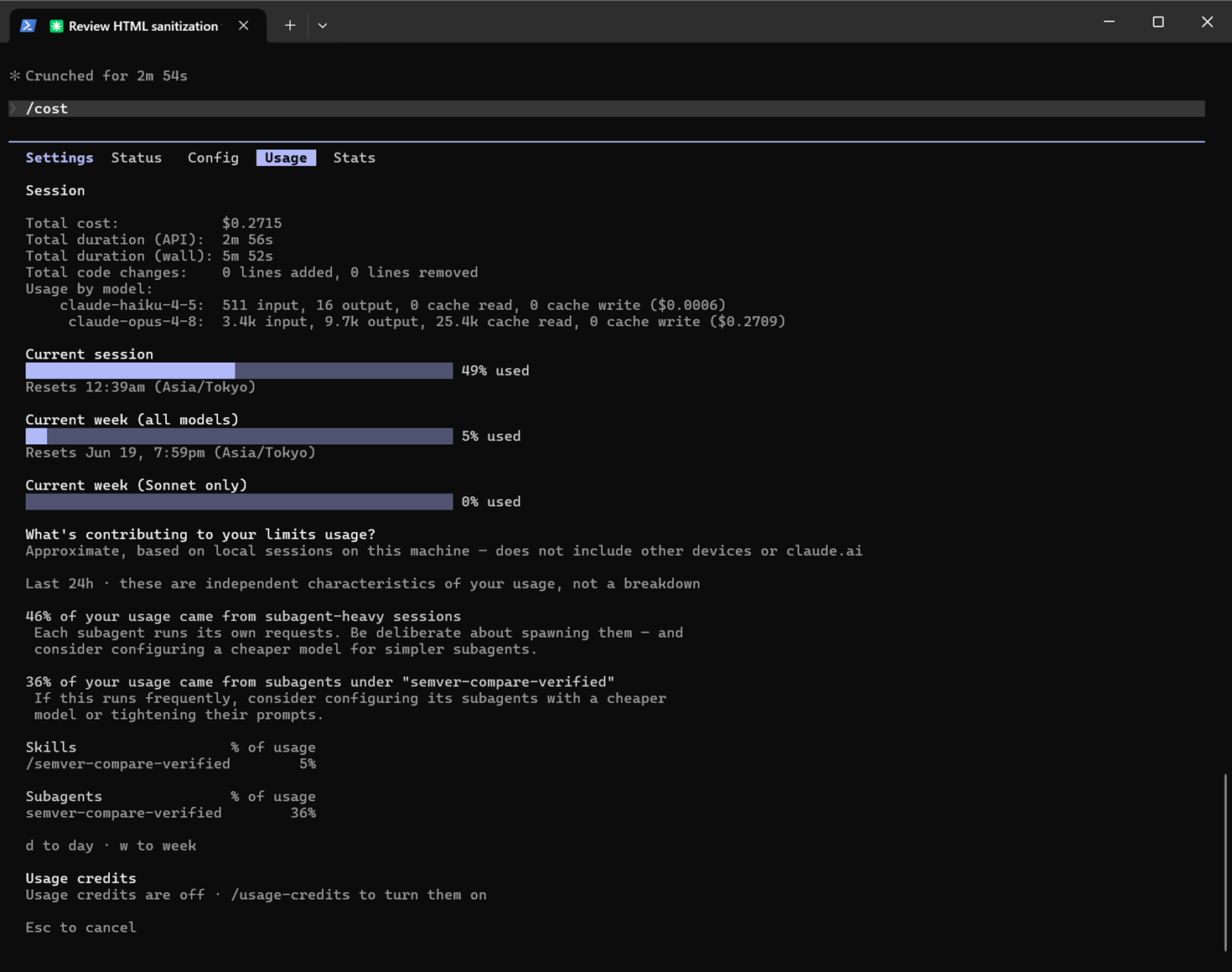 /cost画面のUsage by modelがclaude-opus-4-8に切り替わった発動証拠