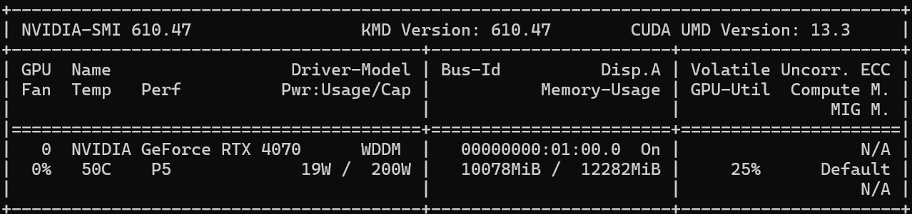 nvidia-smiでRTX 4070のGPU名とVRAM容量を確認している画面