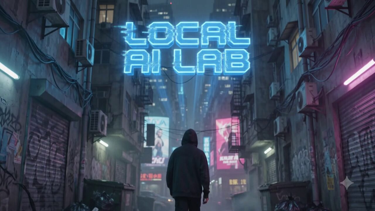ネオン看板にLOCAL AI LABと光るサイバーパンクの路地。AIがテキストから生成した動画より