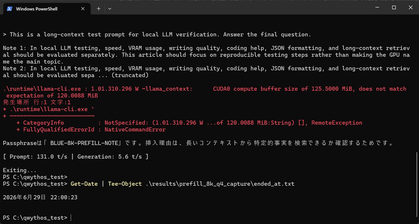 Qwythos-9B Q4_K_Mをllama.cpp CLIで8K context設定にして実行したPowerShell画面